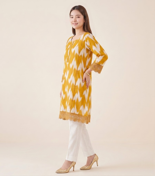Golden Ochre Chinon Ikat Print Tunic Kurti