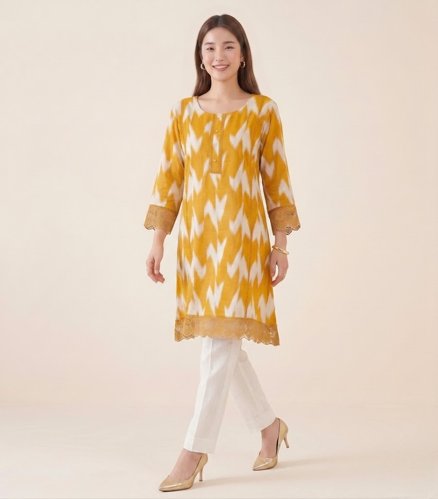 Golden Ochre Chinon Ikat Print Tunic Kurti