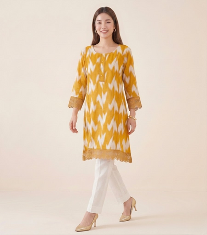 Golden Ochre Chinon Ikat Print Tunic Kurti