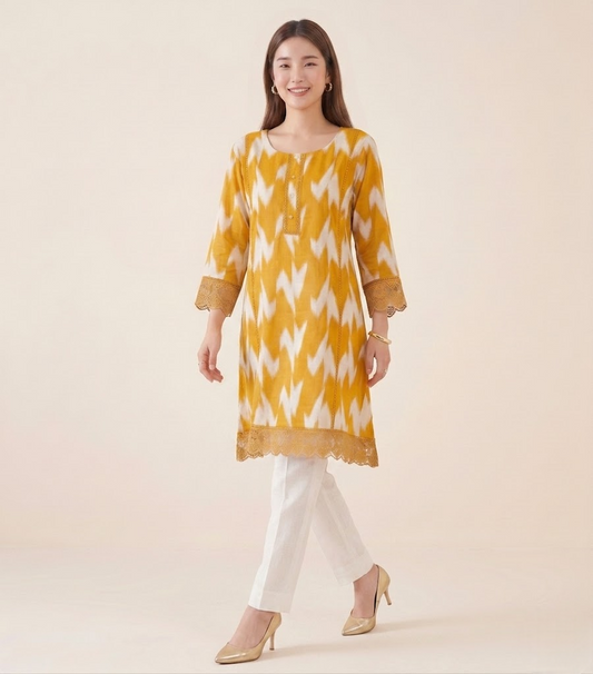 Golden Ochre Chinon Ikat Print Tunic Kurti