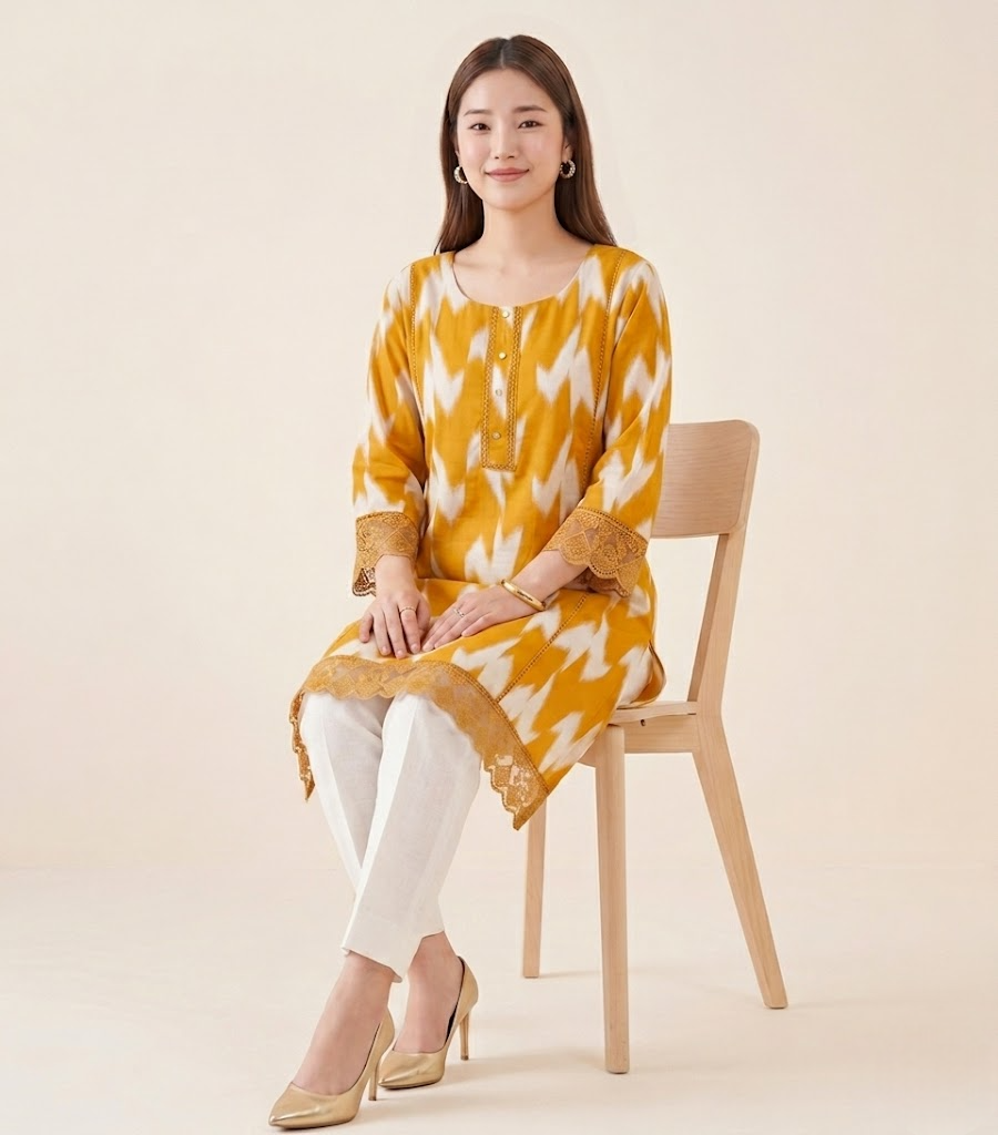 Golden Ochre Chinon Ikat Print Tunic Kurti