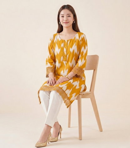 Golden Ochre Chinon Ikat Print Tunic Kurti