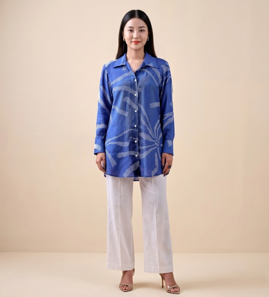 Indigo Bandhej Premium Cupro Muslin Shirt