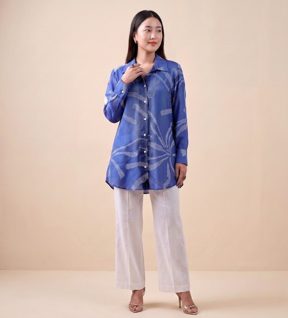 Indigo Bandhej Premium Cupro Muslin Shirt