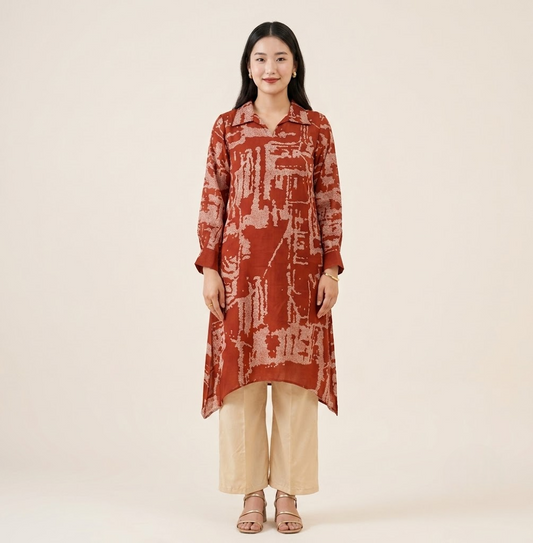 Rust Bandhej Lustrous Silk Kurta