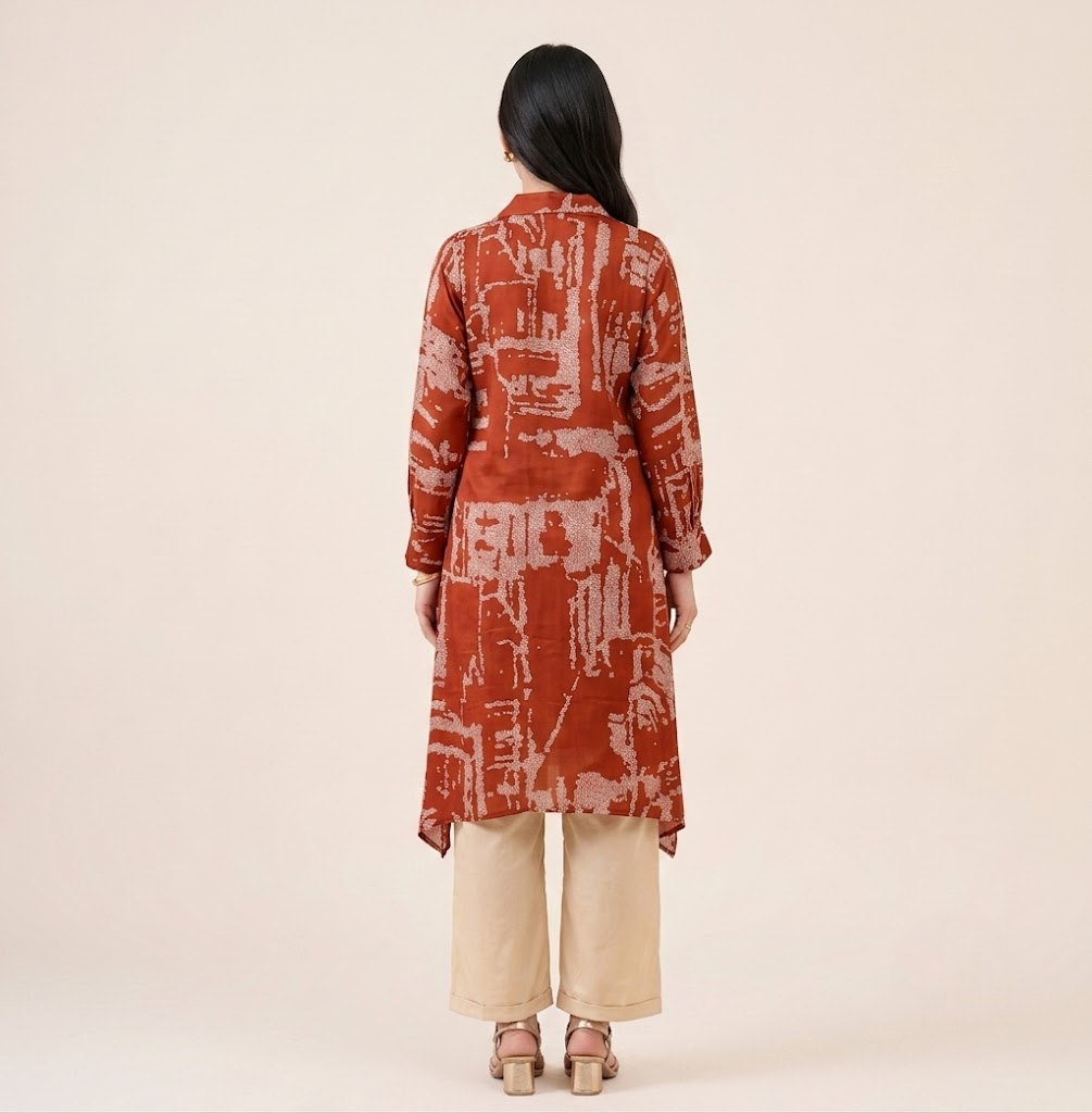 Rust Bandhej Lustrous Silk Kurta