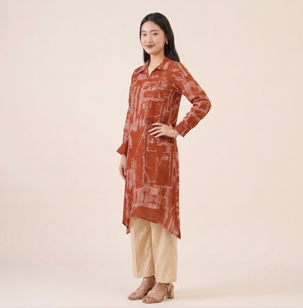 Rust Bandhej Lustrous Silk Kurta