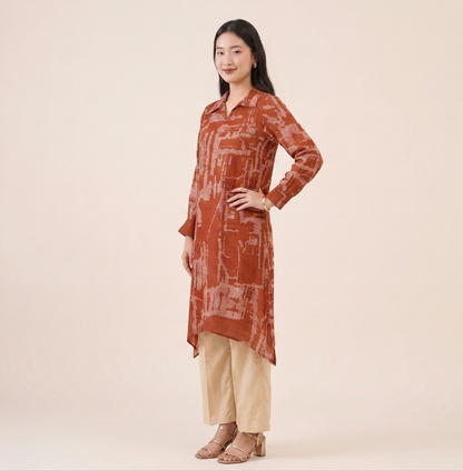 Rust Bandhej Lustrous Silk Kurta