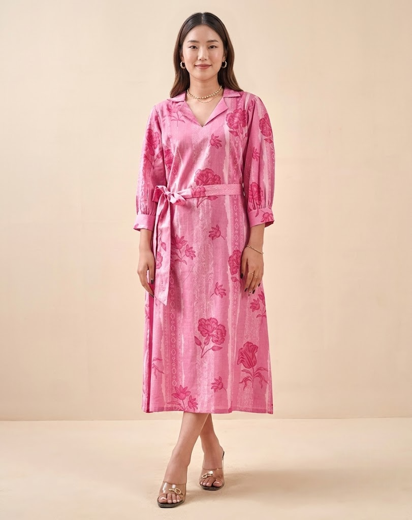 Blush Pink Petal & Stripe Notched Collar Midi Dress With Waist Tie
