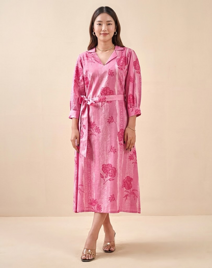 Blush Pink Petal & Stripe Notched Collar Midi Dress With Waist Tie