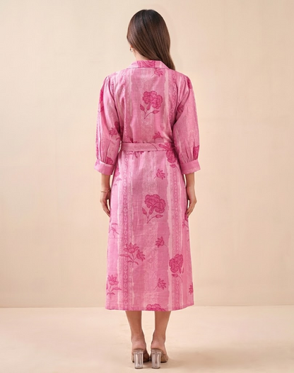 Blush Pink Petal & Stripe Notched Collar Midi Dress With Waist Tie