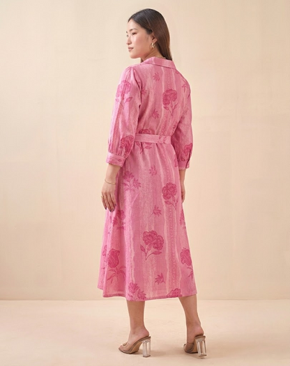 Blush Pink Petal & Stripe Notched Collar Midi Dress With Waist Tie