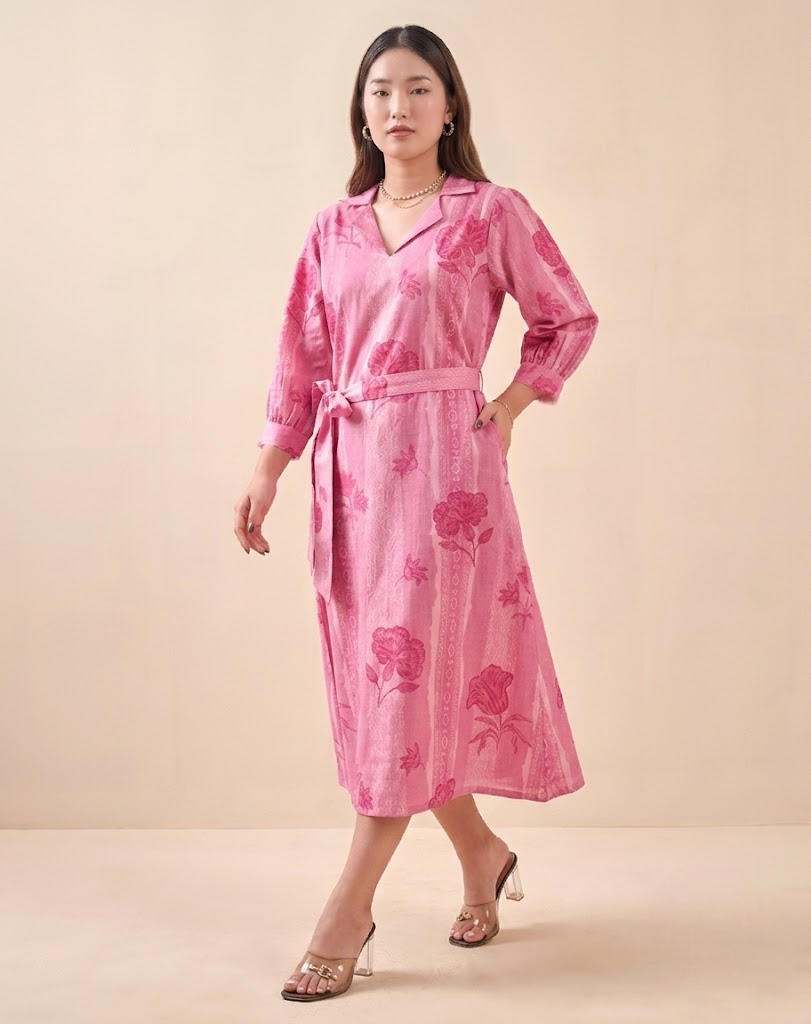 Blush Pink Petal & Stripe Notched Collar Midi Dress With Waist Tie