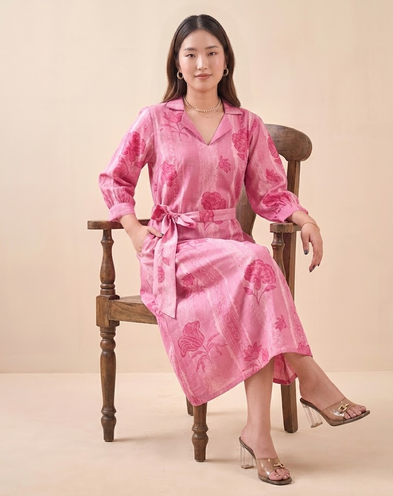 Blush Pink Petal & Stripe Notched Collar Midi Dress With Waist Tie