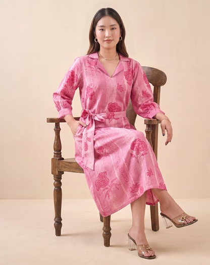 Blush Pink Petal & Stripe Notched Collar Midi Dress With Waist Tie