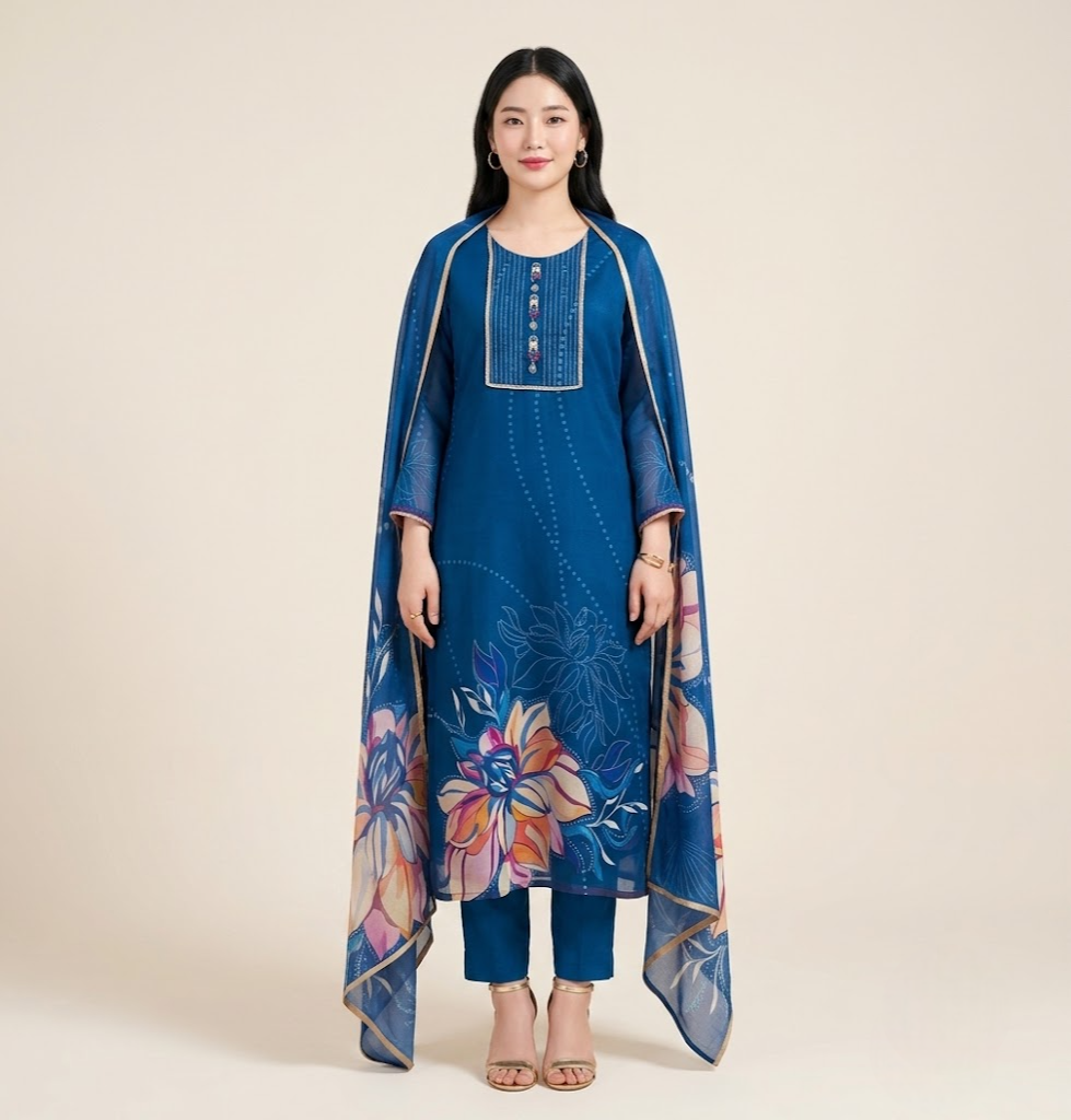 Sapphire Floral Organza Silk Kurta Set
