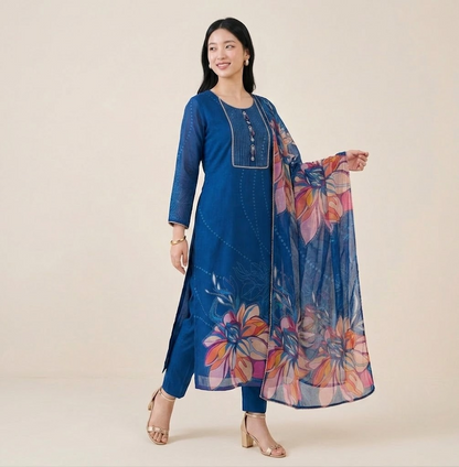 Sapphire Floral Organza Silk Kurta Set