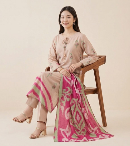 The Petal Pink Muslin Ikat Kurta Set
