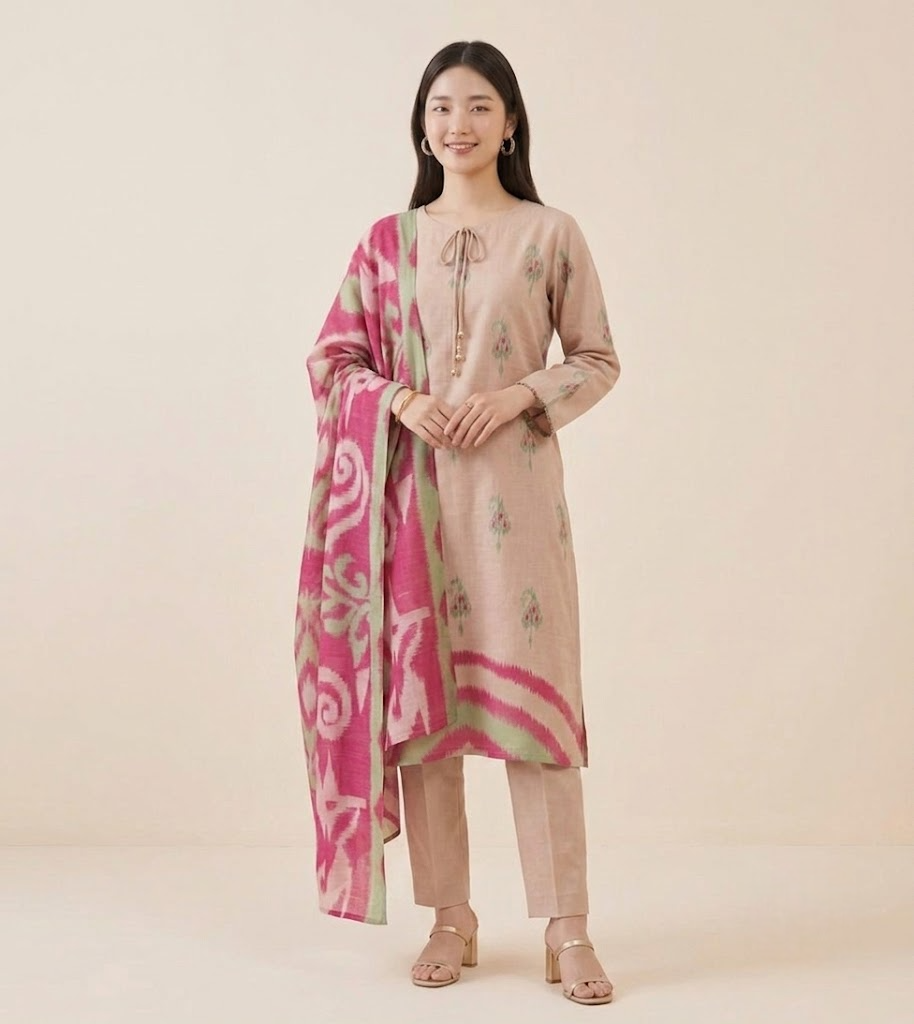 The Petal Pink Muslin Ikat Kurta Set