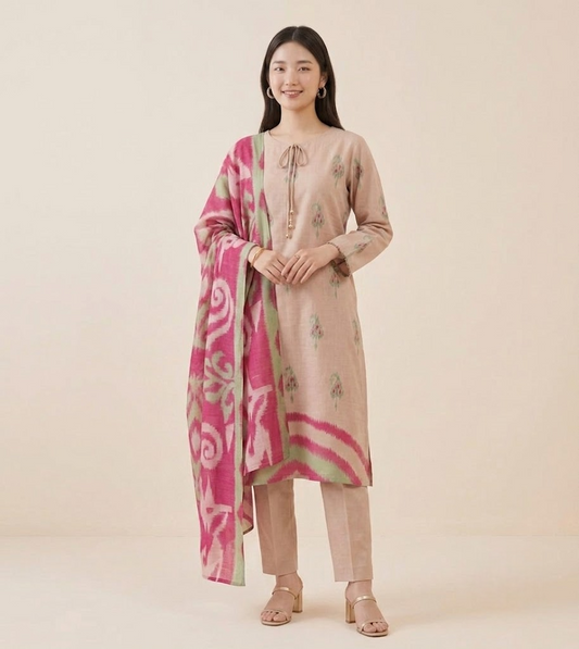 The Petal Pink Muslin Ikat Kurta Set