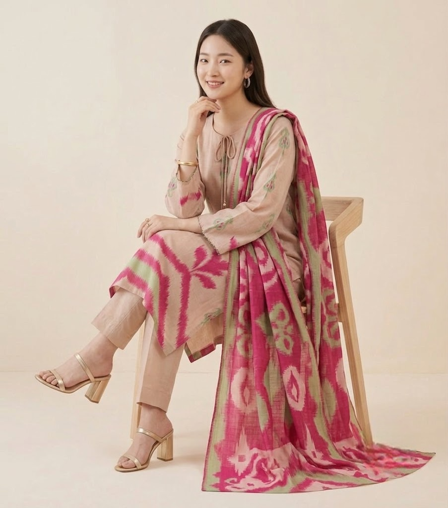 The Petal Pink Muslin Ikat Kurta Set
