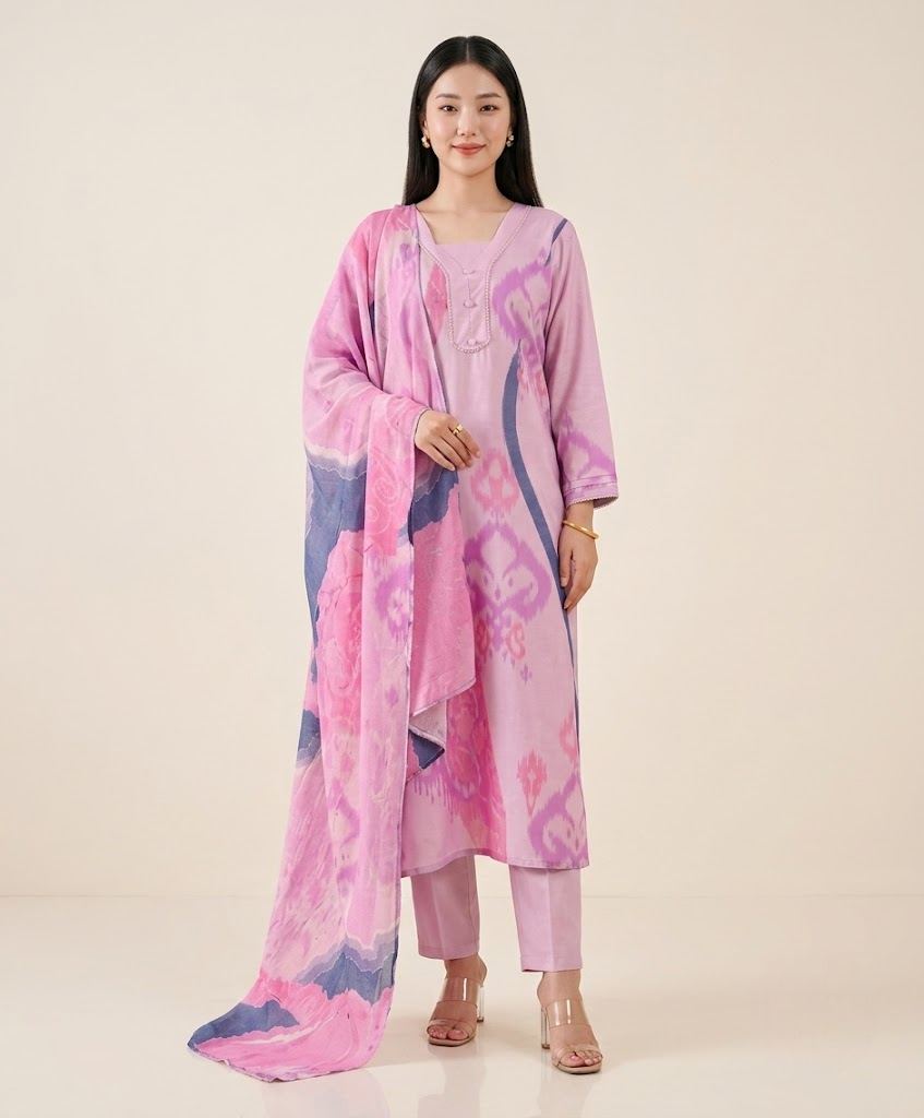 Mauve Pink Muslin Kurta Set with Pearl Border Details