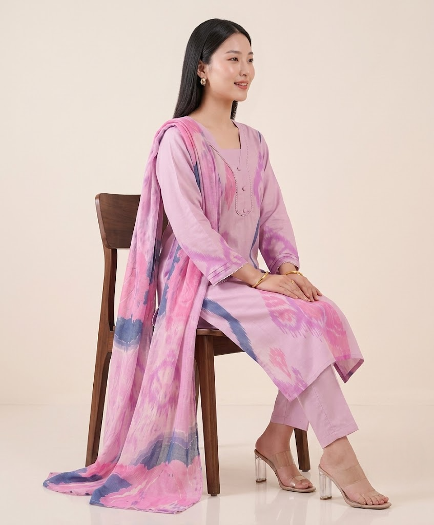 Mauve Pink Muslin Kurta Set with Pearl Border Details