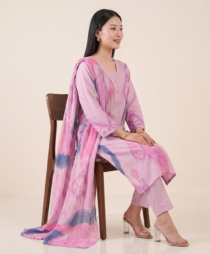Mauve Pink Muslin Kurta Set with Pearl Border Details