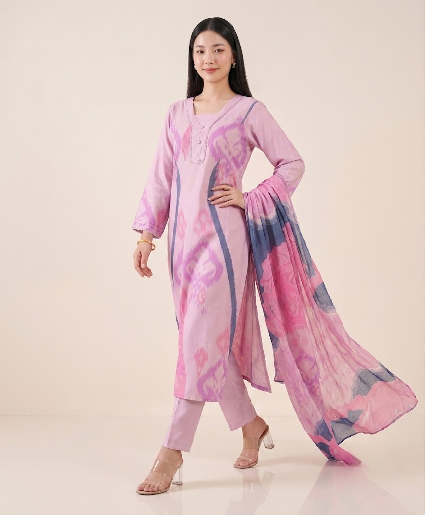 Mauve Pink Muslin Kurta Set with Pearl Border Details