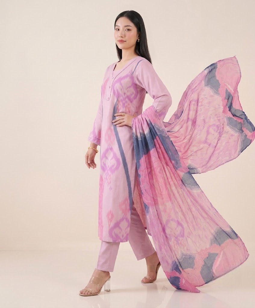 Mauve Pink Muslin Kurta Set with Pearl Border Details