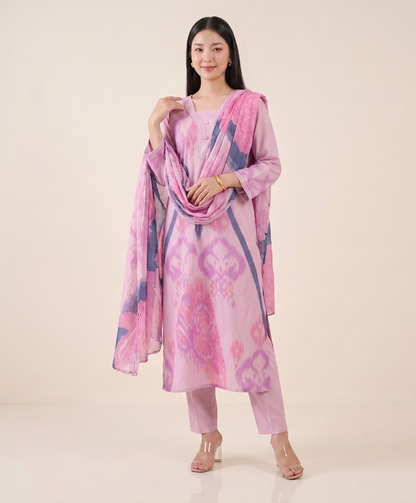 Mauve Pink Muslin Kurta Set with Pearl Border Details