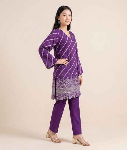 Orchid Purple Bandhani Fusion Russian Silk Co-ord Set