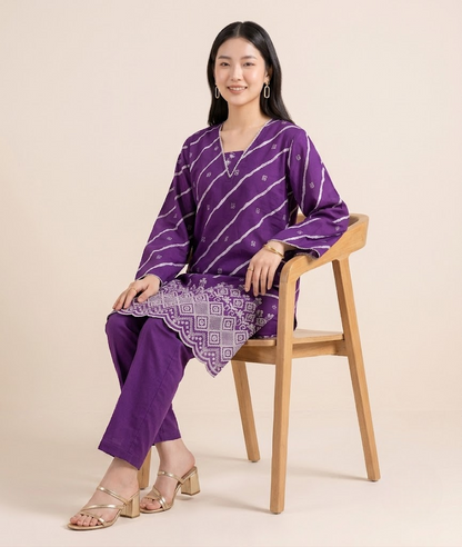 Orchid Purple Bandhani Fusion Russian Silk Co-ord Set