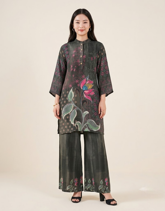 Charcoal Lotus Bloom Pure Crepe Co-ord Set
