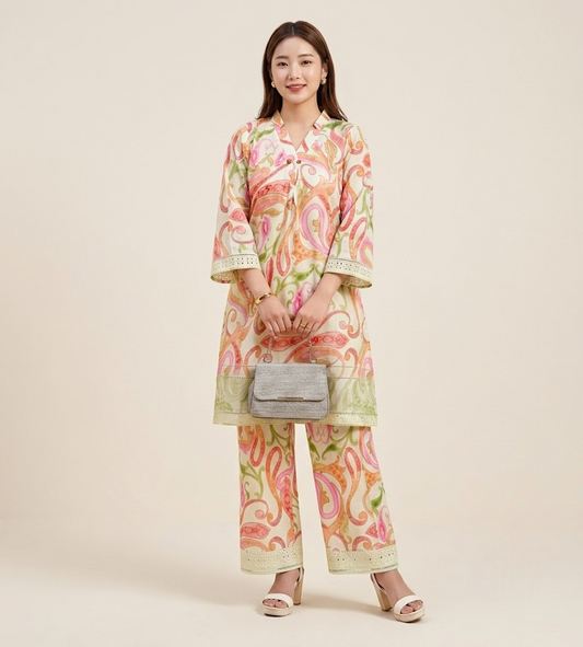 Mint Green Paisley chikankari Embroidered Coord Set