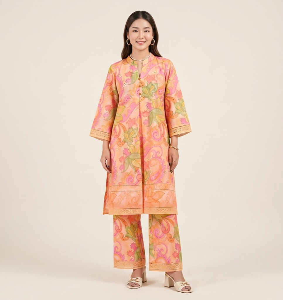 Peach Paisley Chikankari Embroidered Co-ord Set