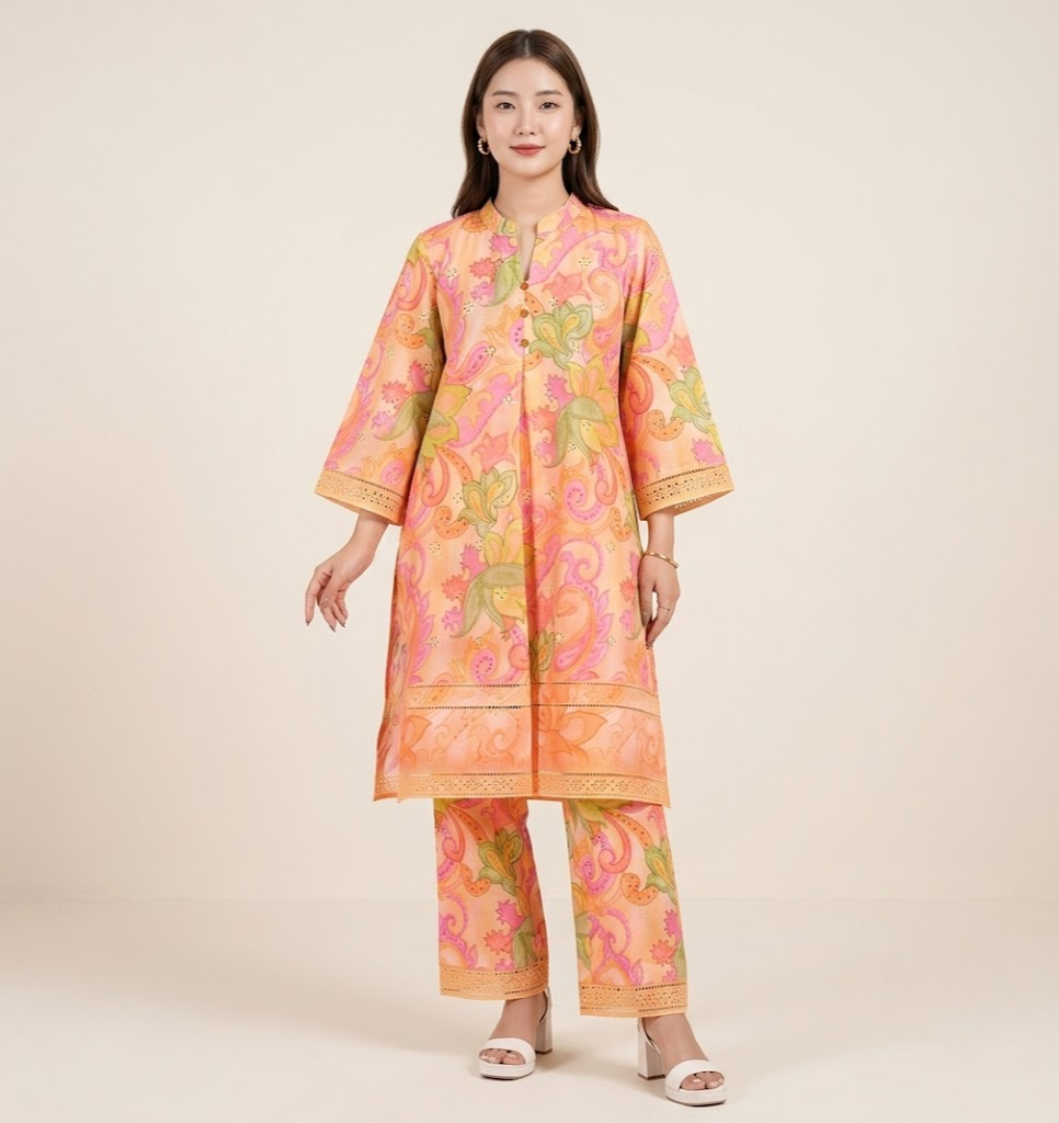 Peach Paisley Chikankari Embroidered Co-ord Set