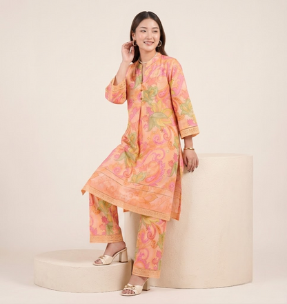 Peach Paisley Chikankari Embroidered Co-ord Set