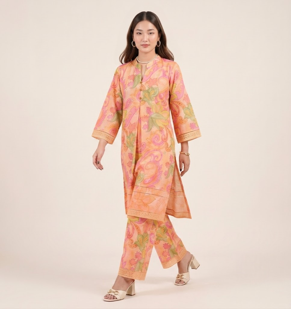 Peach Paisley Chikankari Embroidered Co-ord Set