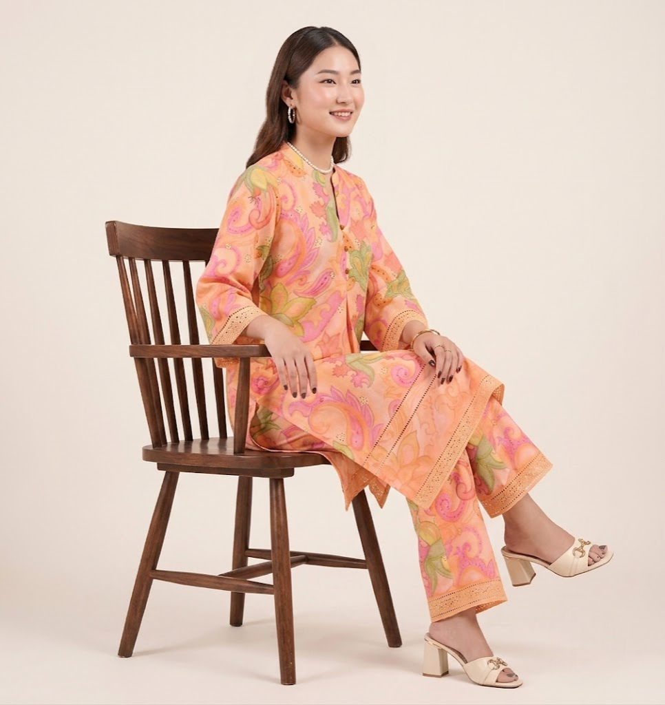 Peach Paisley Chikankari Embroidered Co-ord Set