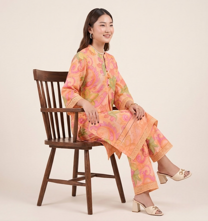 Peach Paisley Chikankari Embroidered Co-ord Set
