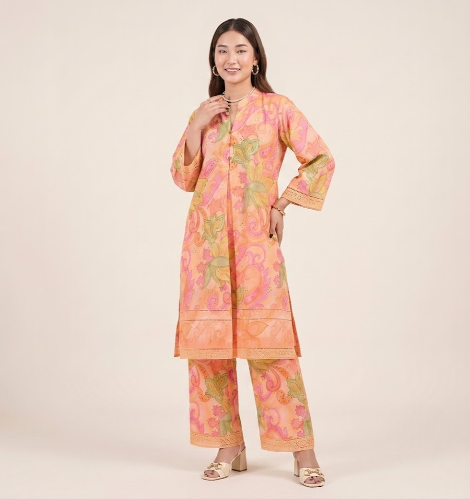Peach Paisley Chikankari Embroidered Co-ord Set
