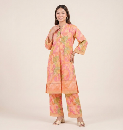 Peach Paisley Chikankari Embroidered Co-ord Set