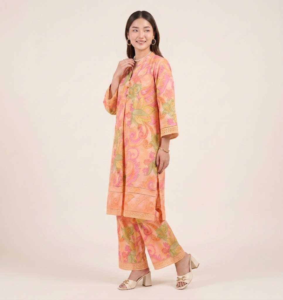 Peach Paisley Chikankari Embroidered Co-ord Set