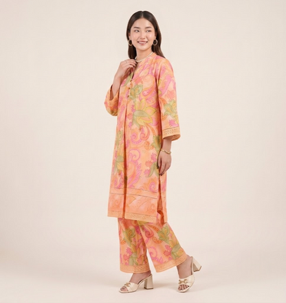 Peach Paisley Chikankari Embroidered Co-ord Set