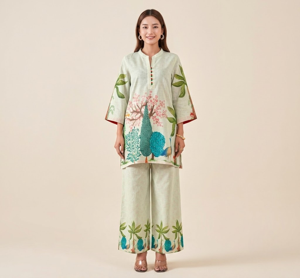 Natural Linen Hand-Painted Peacock Co-ord Set