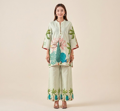 Natural Linen Hand-Painted Peacock Co-ord Set