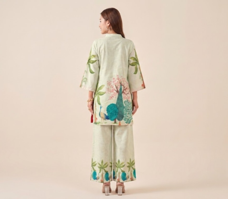 Natural Linen Hand-Painted Peacock Co-ord Set