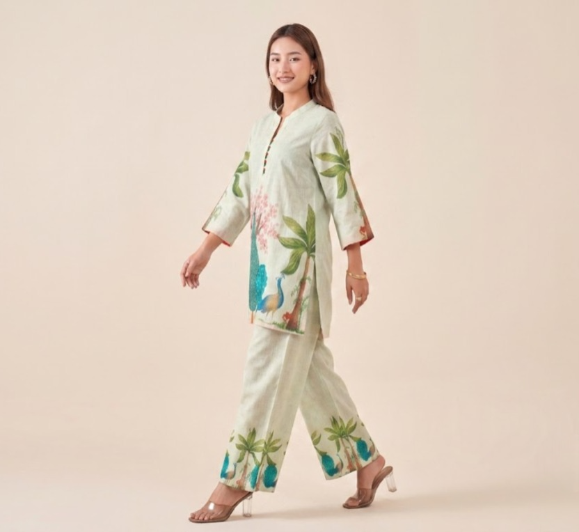 Natural Linen Hand-Painted Peacock Co-ord Set