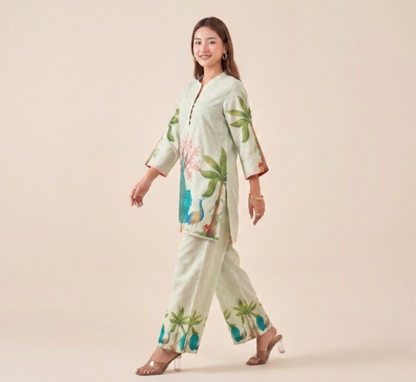 Natural Linen Hand-Painted Peacock Co-ord Set